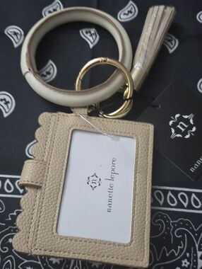 Nanette Lepore Cream Leather Card Holder Keyring with Tassel Wristlet